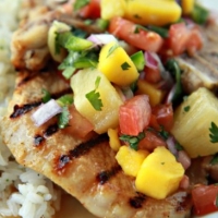 Image of Grilled Halibut With Zesty Mango Papaya Salsa Over Coconut Cream Lime Rice Recipe, Group Recipes