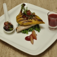 Image of Honey-glazed Grilled Chicken On Top Of  Stir Fried Haricot Beans With Plum Olive Salsa And Blood Plum Coulis Recipe, Group Recipes